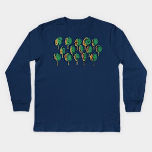 Cross Stitch Trees - Teal background Kids Long Sleeve T-Shirt